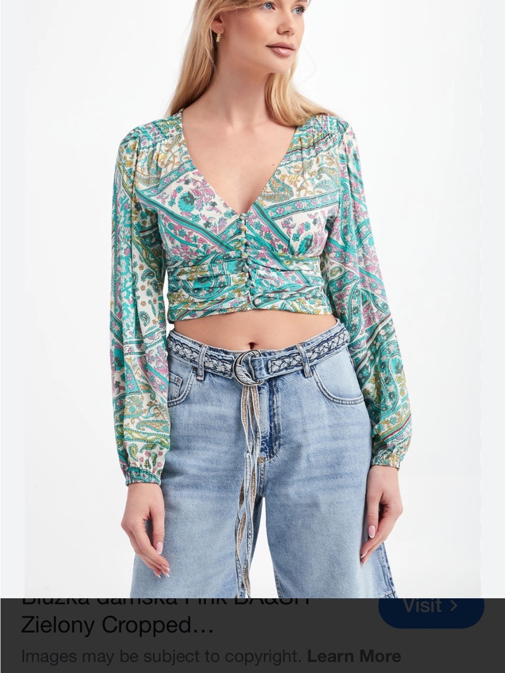 Ba&sh Finka Teal Paisley Long-Sleeve Cropped Top